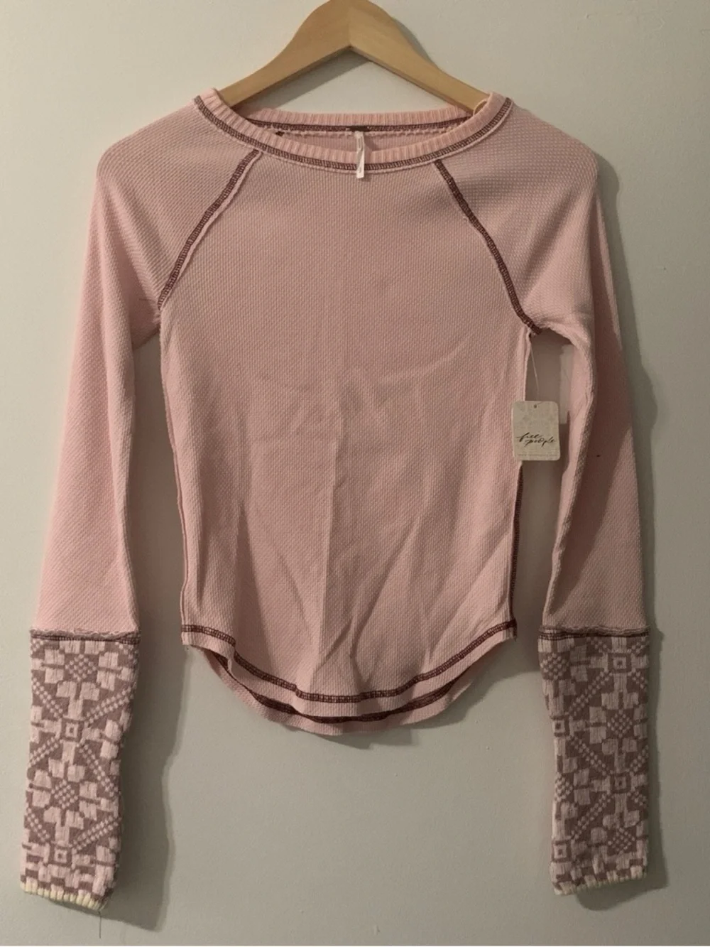 Free People Pink Long Sleeve Thermal Top with Geometric Cuffs